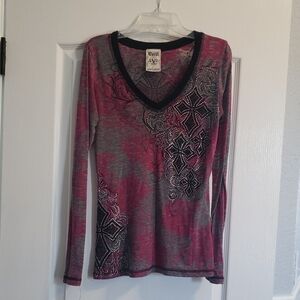 Women's Pink and Gray Rhinestone V-Neck Top